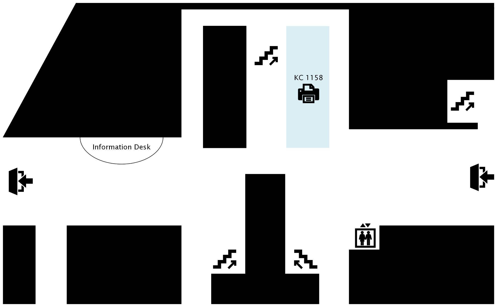 A map of the first floor of the Kirkhof Center, indicating a printer with print, copy, and scanning capabilities is available in KC1158